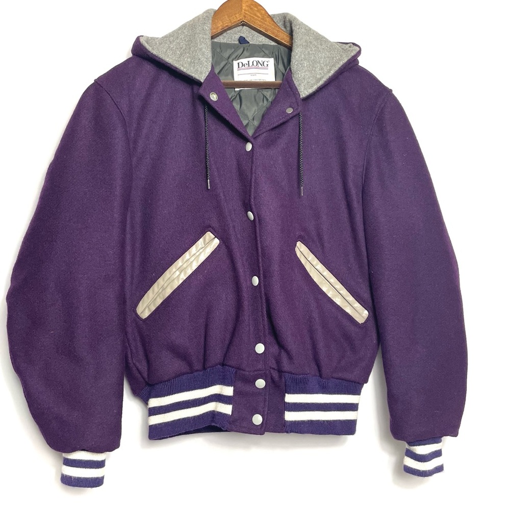 Vintage DeLong Royal purple wool & leather varsity Jacket Made in USA Sz 36